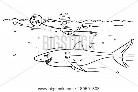 Cartoon vector stickman smiling enjoying swimming crawl on summer vacation holiday with large shark around