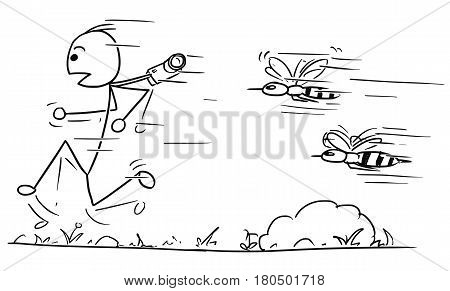 Cartoon vector stickman male tourist is hunted by two large giant angry wasps or bees