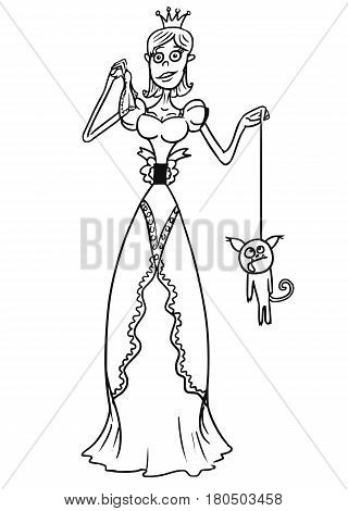Cartoon vector fantasy medieval princess female with crowndog and lace handkerchief