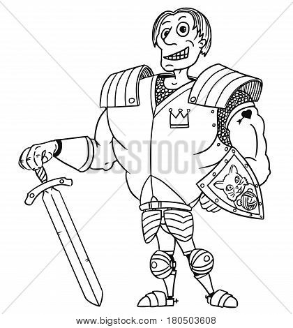 Cartoon vector old fantasy medieval royal Prince Charming knight hero with armor sword shield and smile