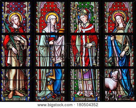 Stained Glass In Sablon Church - Saints Emilius, Joanna, Eugene And Agnes