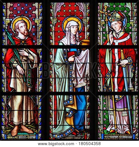 Stained Glass In Brussels Sablon Church - Saints Emilius, Joanna And Eugenius