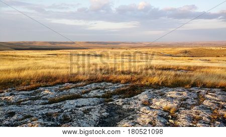 Scenic view of praire landscape at autumn. HIghlands covered with yellow grass under the cloudy sky.