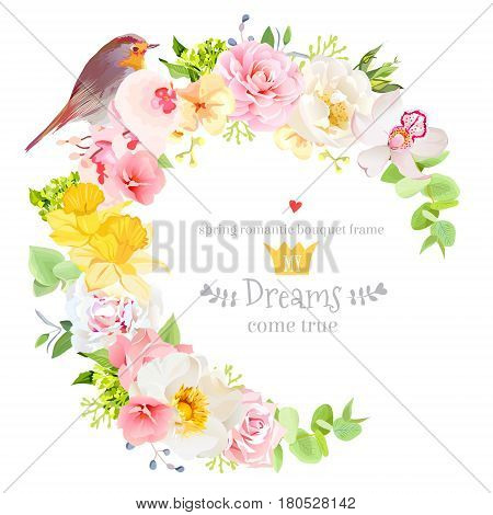 Sunny spring vector design round frame with white peony, yellow daffodils, pink orchid, camellia, green hydrangea, rose and bright leaves. Robin bird card. All elements are isolated and editable