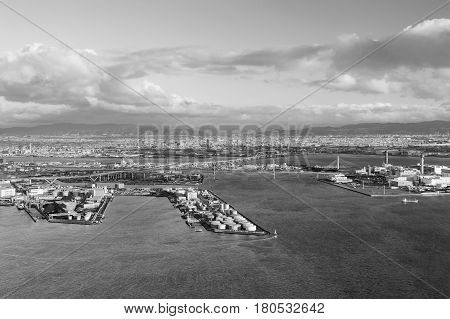 Black and White Osaka port city downtown from Cosmo Tower Observatory Japan
