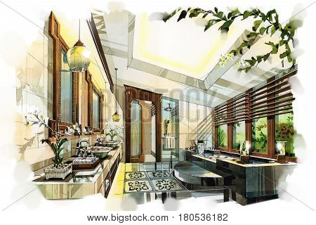sketch interior bath room into a watercolor on paper.