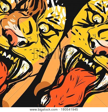 Hand drawn vector abstract graphic drawing of anger tiger faces in orange colors isolated on black background.Hand made exotic collage illustration.Wild soul concept.Tigers head isolated.Logosign