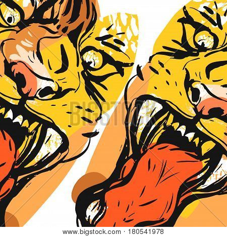 Hand drawn vector abstract graphic drawing of anger tiger face in orange colors isolated on white background.Hand made exotic collage illustration.Wild soul concept.Tigers head isolated.Logosign