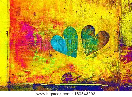 Creative hearts. Double exposure, bright multi-colored background, grunge art background, texture