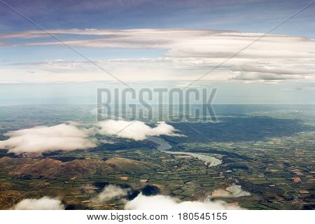 Aerial view of New Zealand mountains South Island. Photo is taken from airplane heading from Sydney to Christchurch.