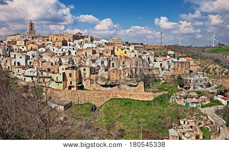 Grottole, Matera, Basilicata, Italy: landscape of the old town on the hill and the countryside