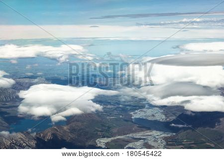 Aerial view of New Zealand mountains South Island. Photo is taken from airplane heading from Sydney to Christchurch.