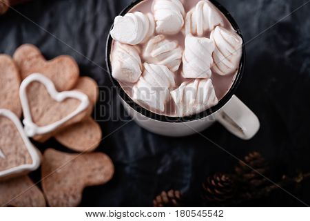 mug with hot cocoa and marshmallows top view