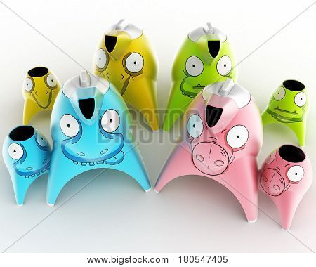 Tea and coffee children's service designed in the form of cartoon characters stylized for different animals. Design concept art object. 3D illustration.