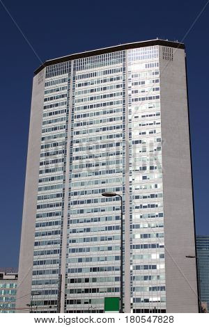 MILAN ITALY - SET 15: Pirelli skyscraper facade on September 15 2012 in Milan Italy. Upon its completion in 1960 at 127 m it was the tallest building in Italy