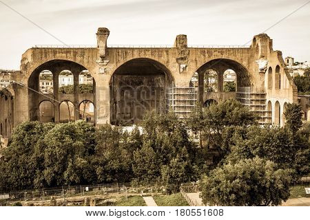The Basilica of Maxentius and Constantine in the Roman Forum in Rome, Italy