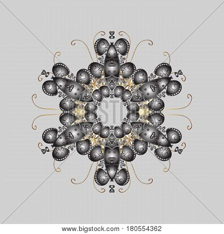 Snowflakes Snowfall In Colors On A Gray Background. Golden Elements With Doodles. Stock Vector Illus