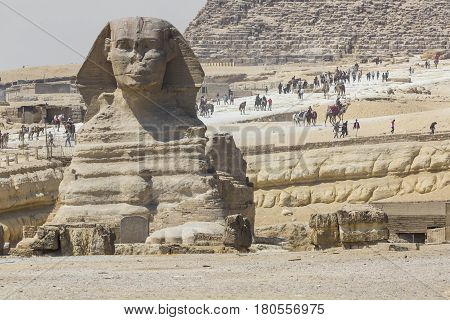Closeup View Of The Sphinx Head With Pyramid In Giza Near Cairo, Egypt