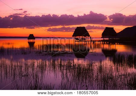 Last minutes of sunset at the lake Peten Itza in El Ramate Guatemala. Central America