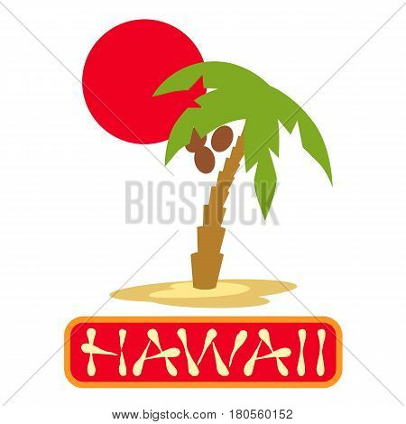 Tropical island with palm trees. Vector illustration icon lettering Hawaii .