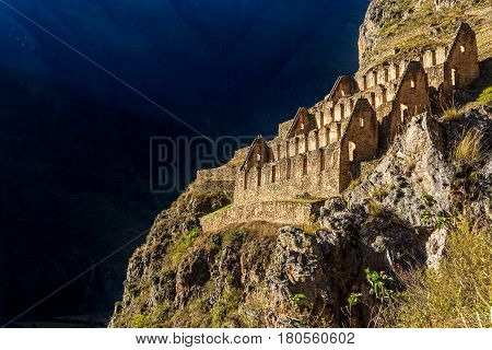 Pinkuylluna, Ruins Of Ancient Inca Storehouses Located On Mountains, Sacred Valley, Ollantaytambo, P