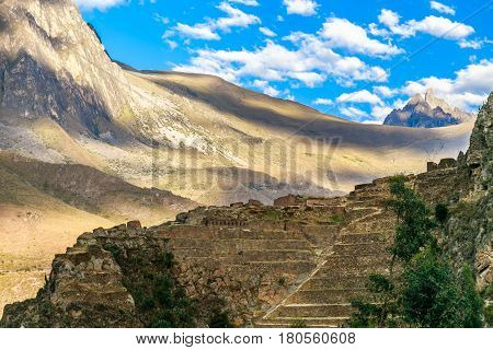 Terraces Of Pumatallis, Ancient Inca Fortress And Mountains, Sacred Valley, Ollantaytambo, Peru