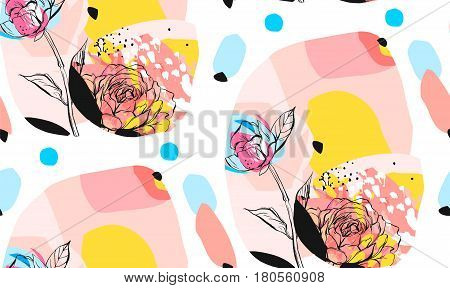 Hand made vector abstract textured trendy creative universal collage seamless pattern with floral peony motif isolated on white background with different textures and shapes. Modern spring design.