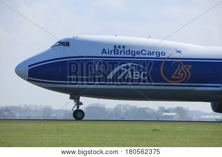 Amsterdam the Netherlands - April 2nd 2017: VQ-BLR AirBridgeCargo Boeing 747-8F takeoff from Polderbaan runway Amsterdam Airport Schiphol
