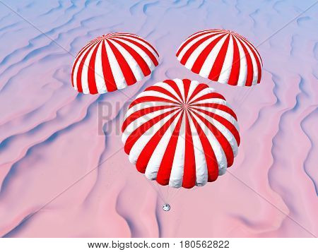 Computer generated 3D illustration with a space capsule approaches touchdown in a desert landscape