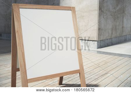 Close up of blank white menuboard on wooden floor background. Cafe advertisement. Mock up 3D Rendering