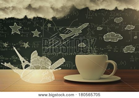 Close up of coffee cup with abstract stravel sketch airplane mathematical formulas in the background and clouds. Creativity concept 3D Rendering