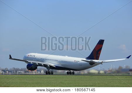 Amsterdam the Netherlands - April 2nd 2017: N803NW Delta Air Lines Airbus A330 takeoff from Polderbaan runway Amsterdam Airport Schiphol