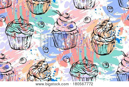 Hand drawn vector abstract freehand painting cupcakes seamless pattern in bright colors.Design for decorationcake brandlogosignfashion fabricmenuwrapping papershopwebbusiness.