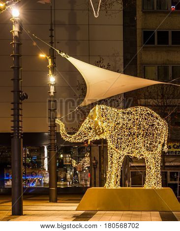 The famous elephant as a Christmas decoration in the center of Wuppertal-Barmen at the old market in Dec. 2016. Germany.