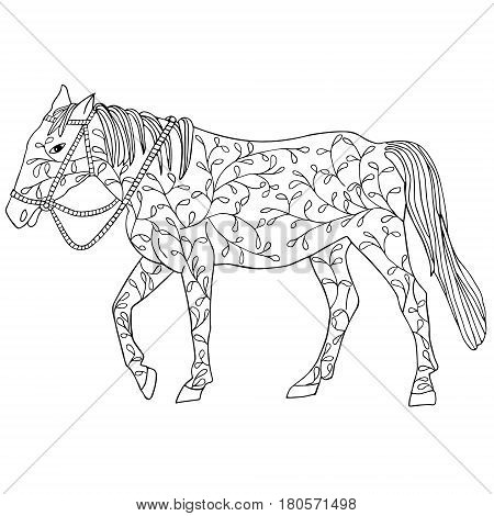 Horse handdrawn doodl in black floral design isolated on white background.