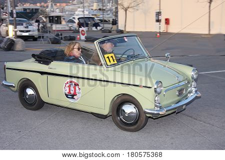 Genoa, Italy - March 21, 2016-7 ° of Marina Circuit: A Autobianchi Bianchina in full action during the time trial of regularity 'that is' held on the circuit specially set up the Marina Genova Airport.