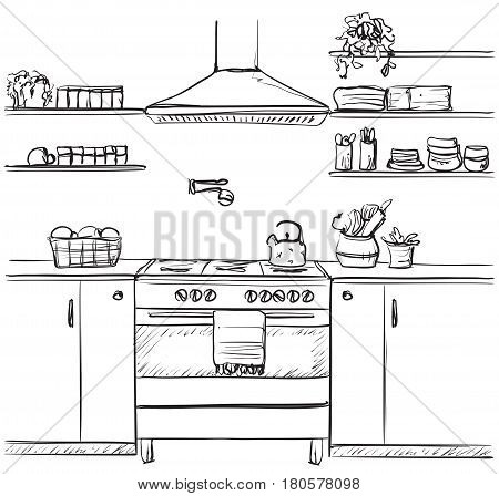 Kitchen interior drawing, vector illustration. Furniture sketch