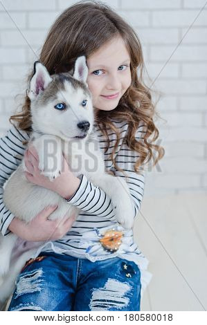 Little Girl Hugging A Puppy Husky