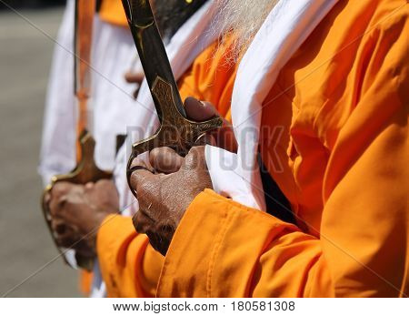 Vicenza, Vi, Italy - April 8, 2017:hand Of The Elderly Sikh Man With Ceremonial Scimitar
