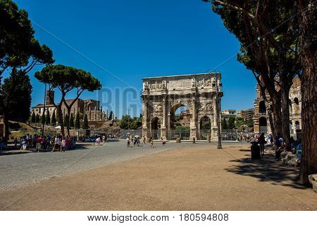 Arco di Constantino in Rome, Italy - July 10, 2012: The Arch of Constantine is a triumphal arch in Rome, situated between the Colosseo and the Palatine Hill.