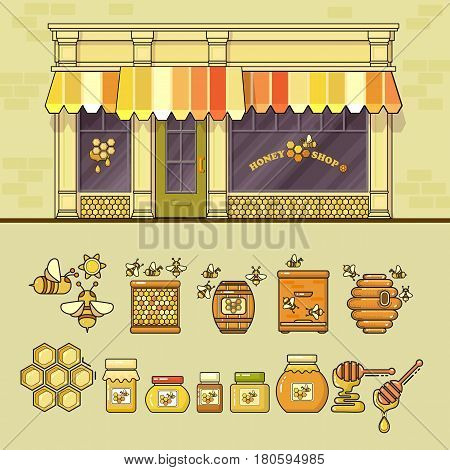 Beekeeping product shop and set of cute various honey icons. Flat design vector illustration of small business concept. Stylish honey boutique. Store design template. Can be used  poster, banner, flyer, website.