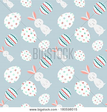 Seamless easter pattern, eggs and bunny on light blue background