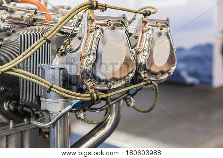 Detail view on the Piece of equipment of the aircraft engine closeup a aircraft engine detail