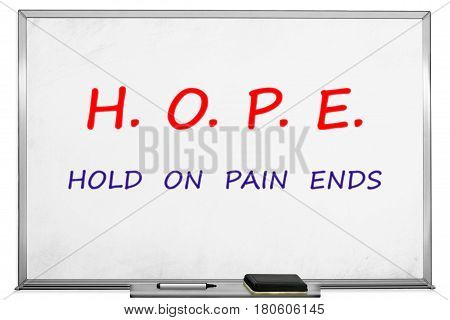 Hope concept with black marker on transparent wipe board. Hold On Pain Ends.