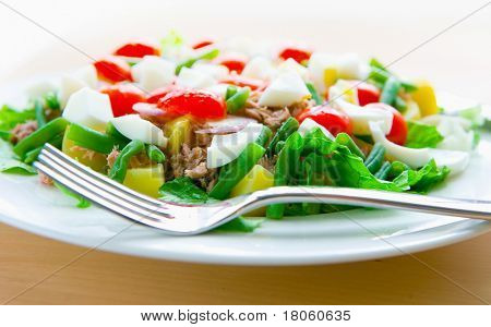 Terve lautasellinen tonnikala salaattia nicoise tomaatteja, perunoita, pitkiä papuja ja muna