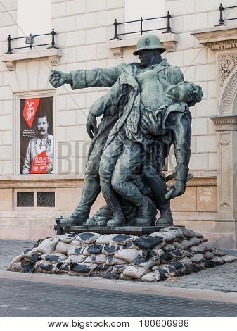 Budapest, Hungary - March 09, 2017: Sculpture of soldiers dedicated to World War located on the Ybl Miklos street in Buda bank of the Danube river