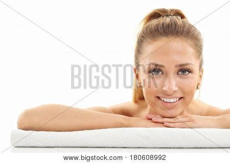 Woman face portrait isolated on white with healthy skin