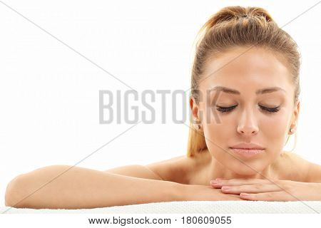 Woman face portrait isolated on white with healthy skin