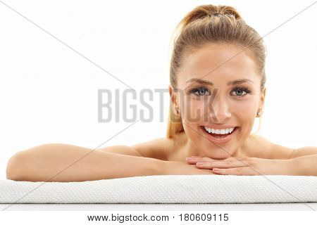 Woman face portrait isolated on white with healthy skin