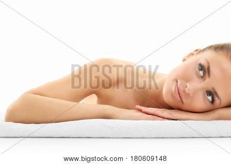 Woman face portrait isolated on white with healthy skin